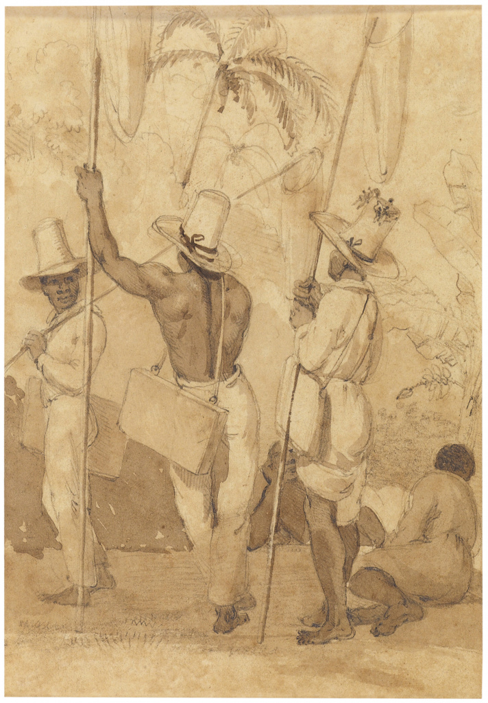 A imagem “Caçadores de Borboletas” de Charles Landseer, de 1825, mostra três homens negros, de pé, segurando longos cabos de rede para capturar borboletas e, à direita, temos outra pessoa negra ajoelhada, no canto da imagem. Os homens vestem calças claras, camisas de manga longa e chapéus de aba larga, sendo que dois deles estão de perfil e um de costas, destacando o físico musculoso de um deles. O homem ao centro carrega uma caixa pendurada no ombro. Ao fundo, há palmeiras e vegetação densa, sugerindo um ambiente tropical.